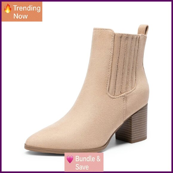 Women's Chunky Heel Ankle Boots Pointed Toe Slip On Fall Shoes - Picture 1 of 7